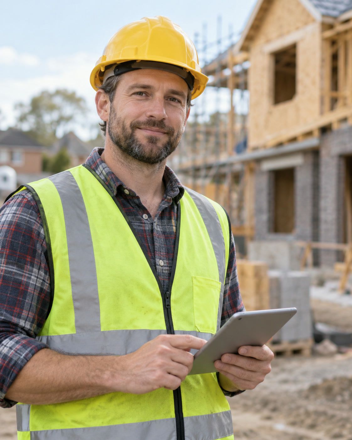 Portrait illustratif de Marc, constructeur de maisons individuelles, sur un chantier